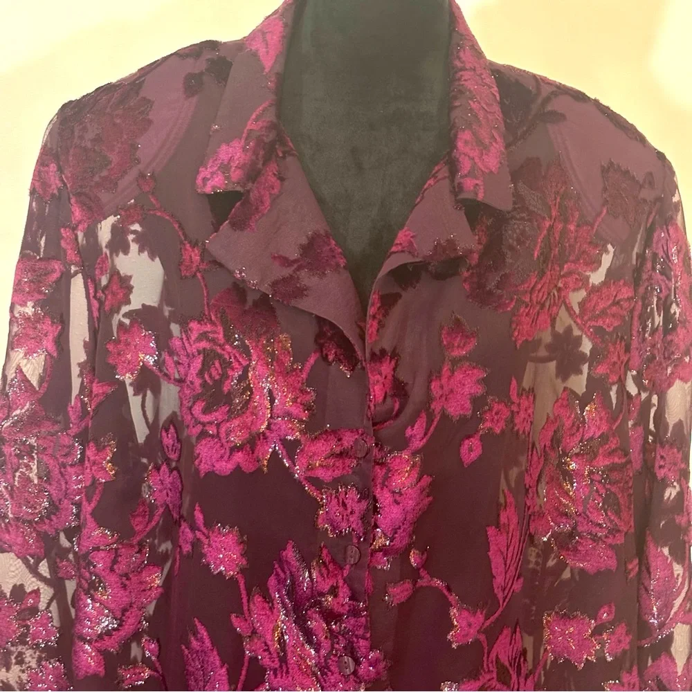 Burgundy Purple Burnout Velvet Floral Button Up Sheer Shirt Top 2X Whimsigoth - Picture 4 of 13